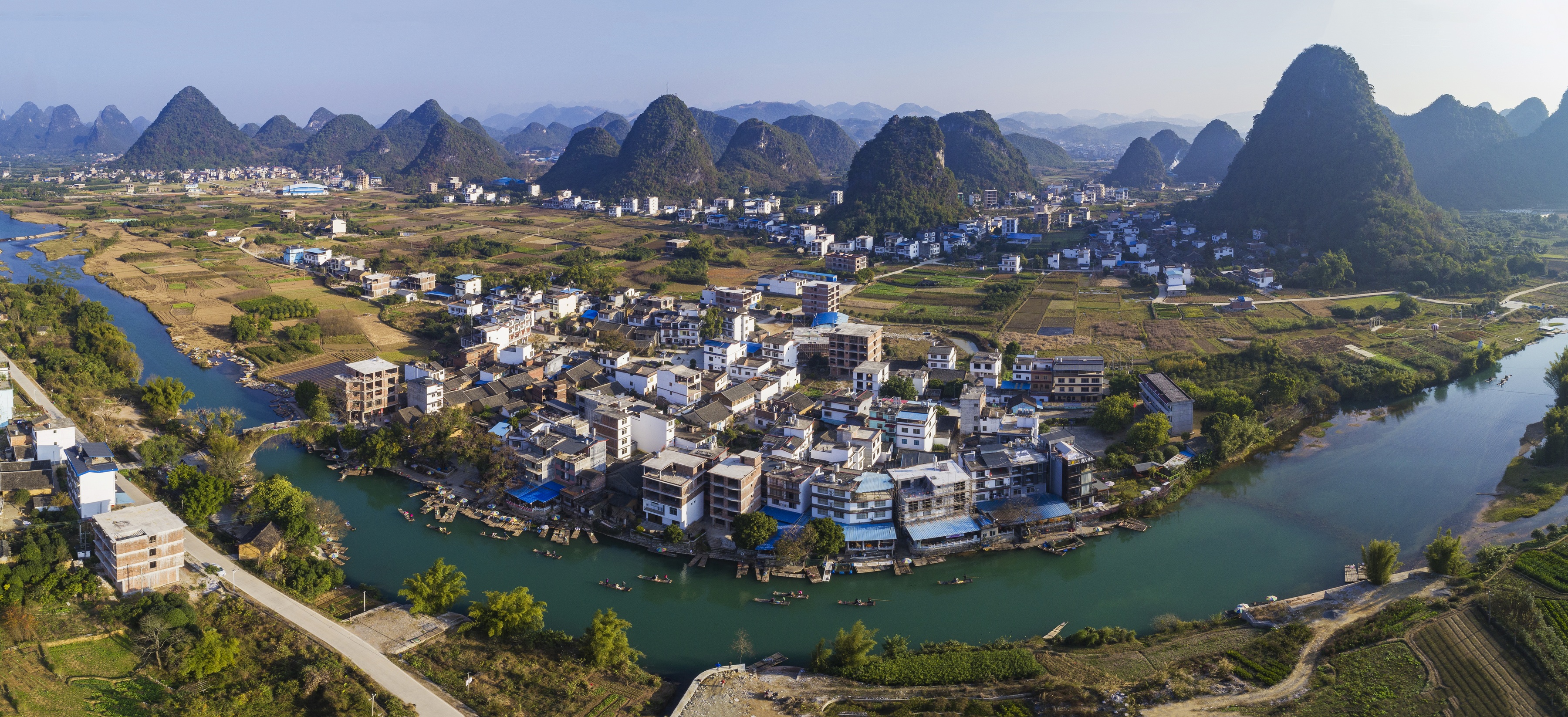 Aerial panorama of Yangshuo karst hills and the Li River near Guilin